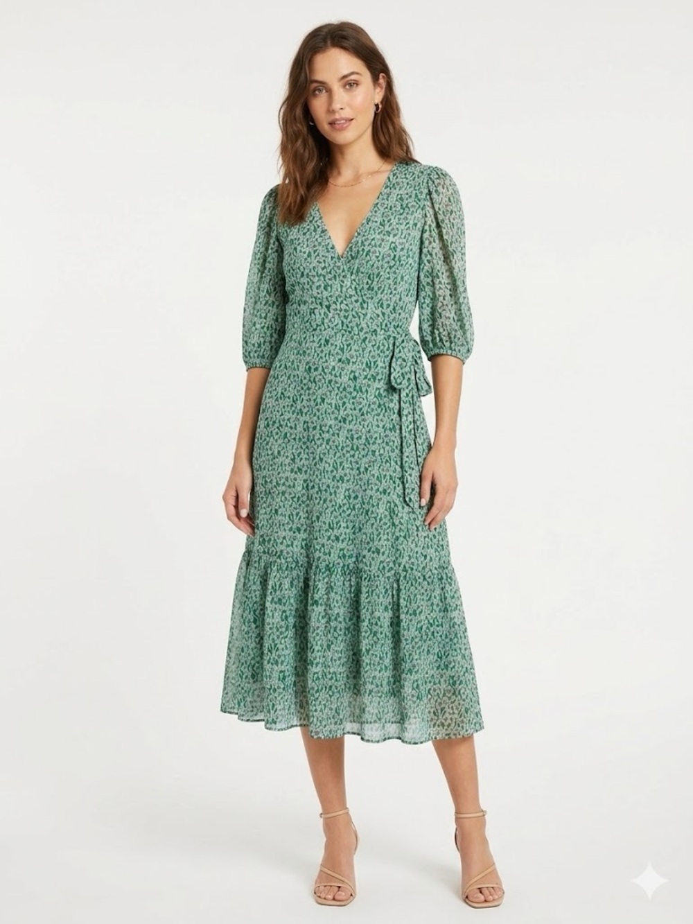 Olivia James The Label Green Floral Midi Wrap Dress Puff Sleeve Cotton